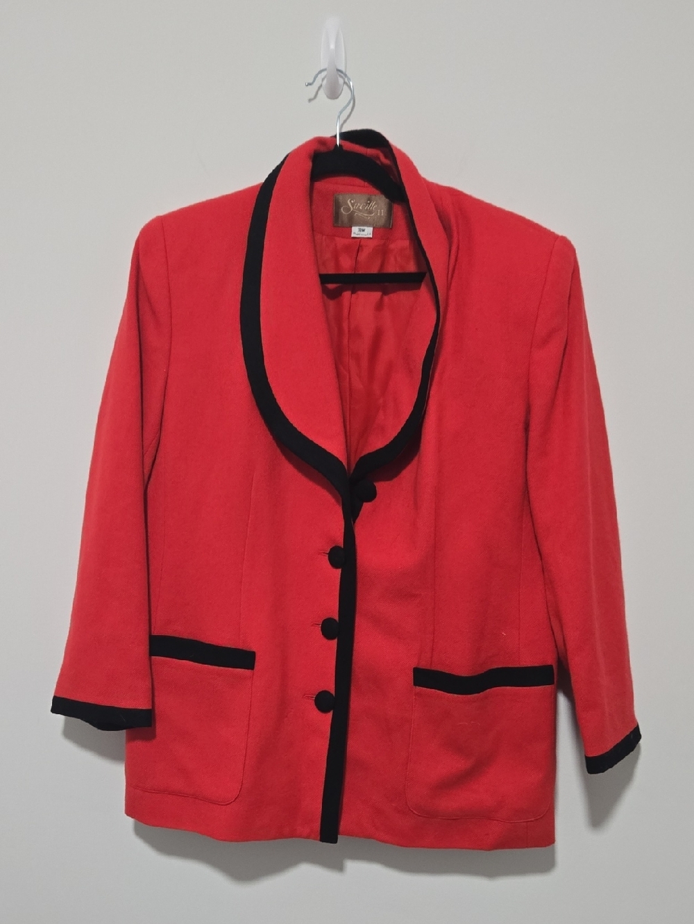 Women's Red Shawl-Collar Blazer with Black Trim